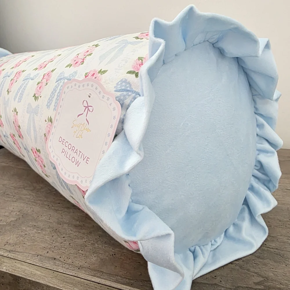 Beautiful Pink Floral Blue Bow Decorative Pillow
